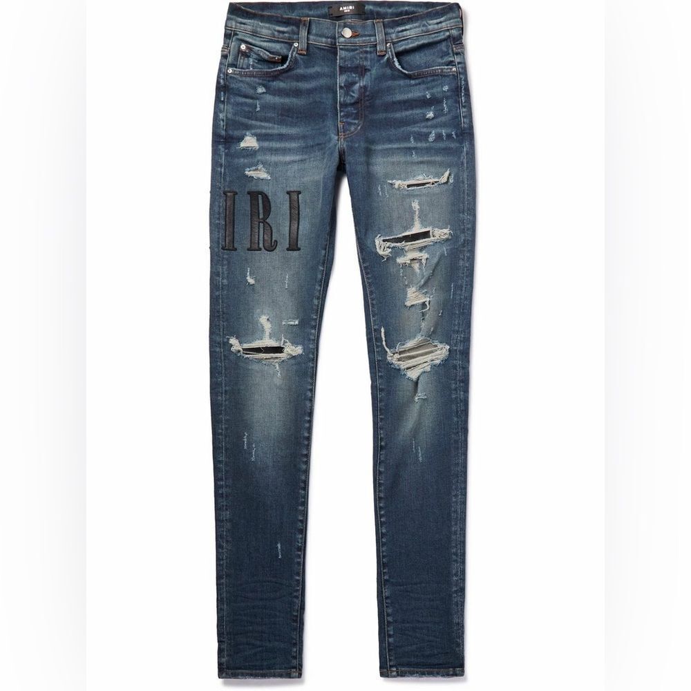 AMIRI Skinny-Fit Leather Appliquéd Distressed Jeans Blue/Black 32 NWT